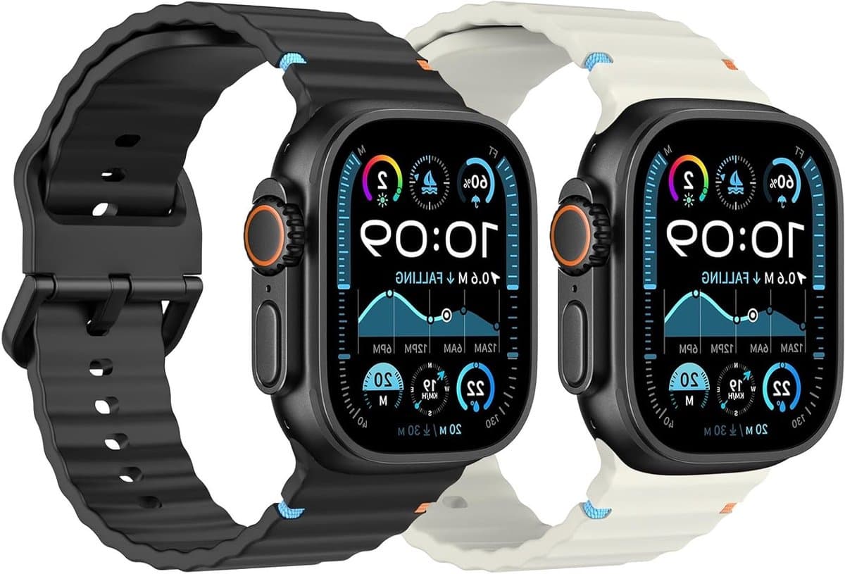 Sportband voor Apple Watch Ultra 2/Ultra 49mm, S10 46mm, 9/8/7 45mm, SE2/SE/6/5/4 44mm, 3/2/1 42mm, Verstelbare Ademende Vervangband in Zwart en Starlight Wit, Comfortabel en Duurzaam