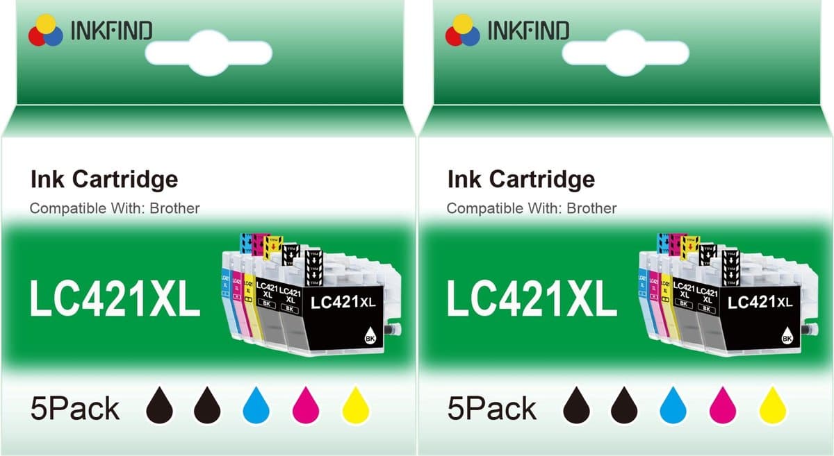 INKFIND LC421XL inktcartridges voor BrotherLC421 BrotherLC421XL Brother LC-421 LC-421XL Multipack van 10 stuks (2 x 5pack= 4 x Zwart, 2 x Cyaan, 2 x Magenta, 2 x Geel) geschikt voor Brother DCP J1140DW J1050DW J1800DW MFC J1010DW