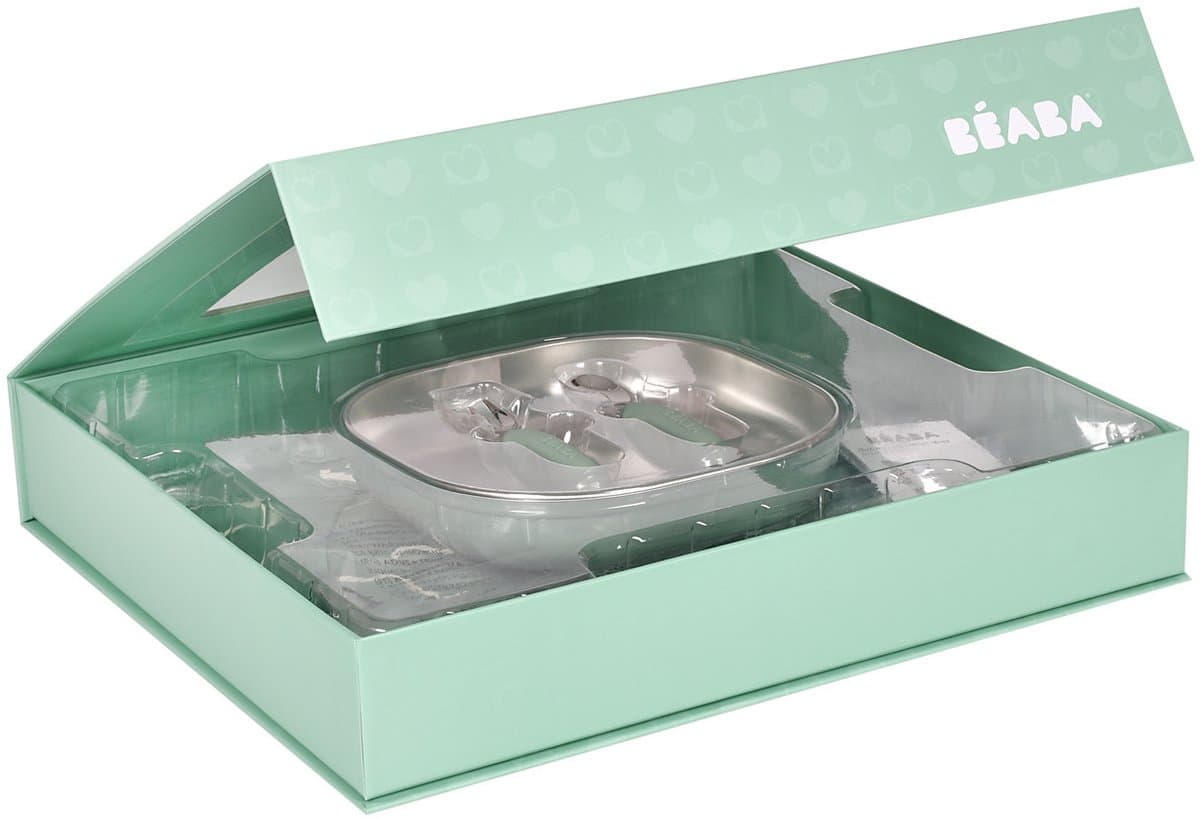 Béaba Eerste Maaltijd Cadeauset – Sage Green – Inox Bord, Ergonomisch Kindbestek & Mouwslab – Vanaf 4 Maanden