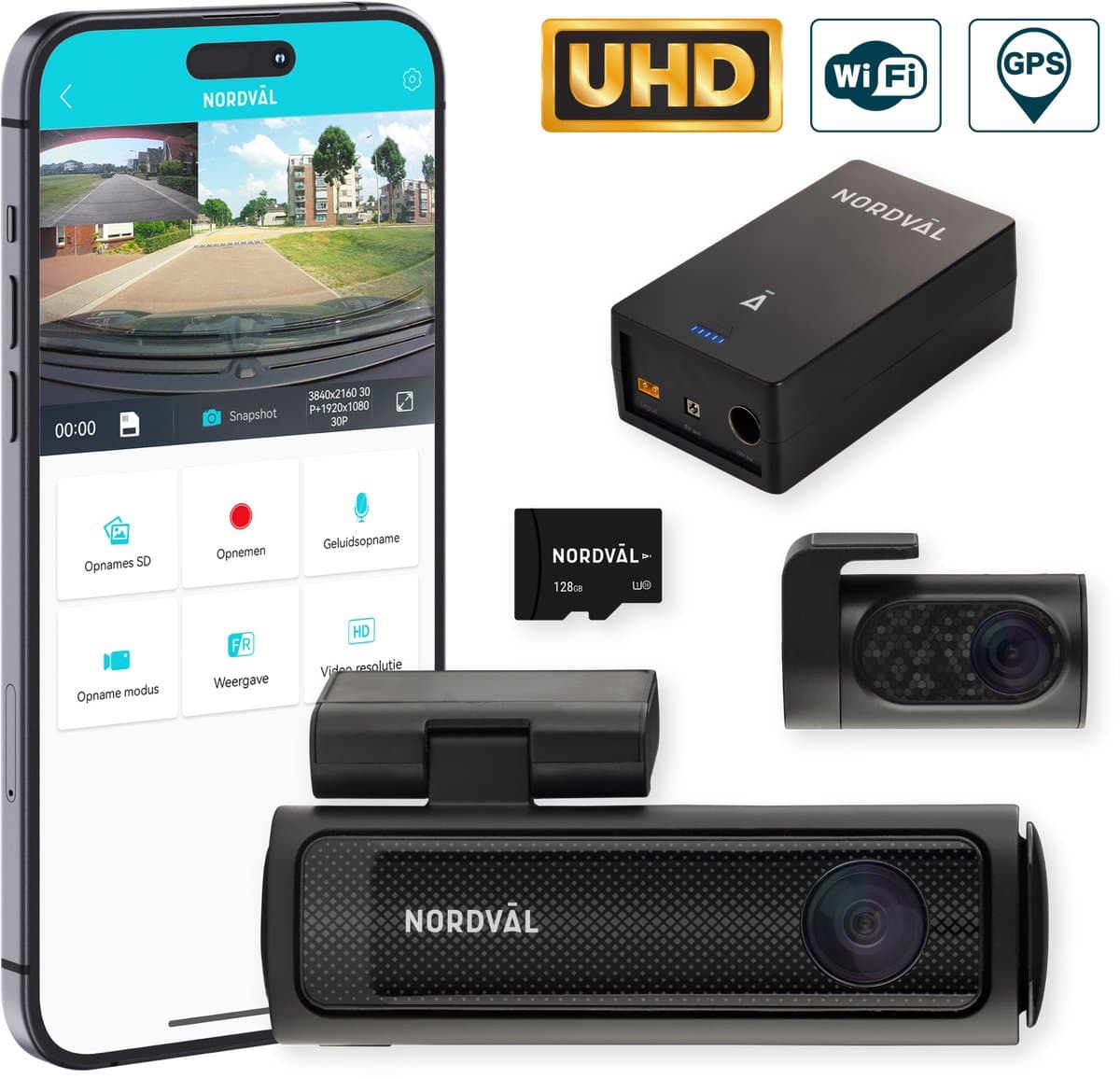 Nordväl DC202-2CH Dashcam – Incl. 128GB SD Kaart & BP125 Battery Pack – 4K Ultra HD voor en 2K QHD achter – Wifi – GPS – Parkeermodus – Dashcam voor auto – Auto Camera