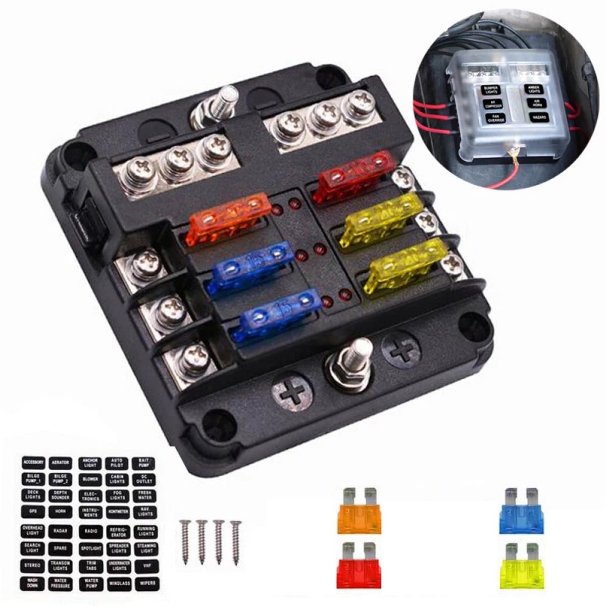 Homtas Steekzekeringhouder 6-voudig - Incl. Steekzekering - 12-36V - Zwart - Voor Auto, Boot, Camper