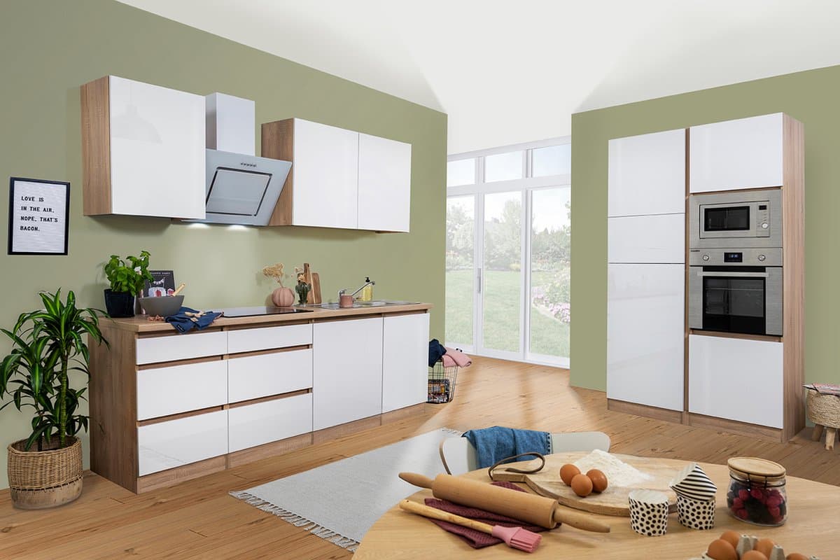 Goedkope keuken 345 cm - complete keuken met apparatuur Lorena - Eiken/Wit - soft close - keramische kookplaat - vaatwasser - oven - magnetron - spoelbak