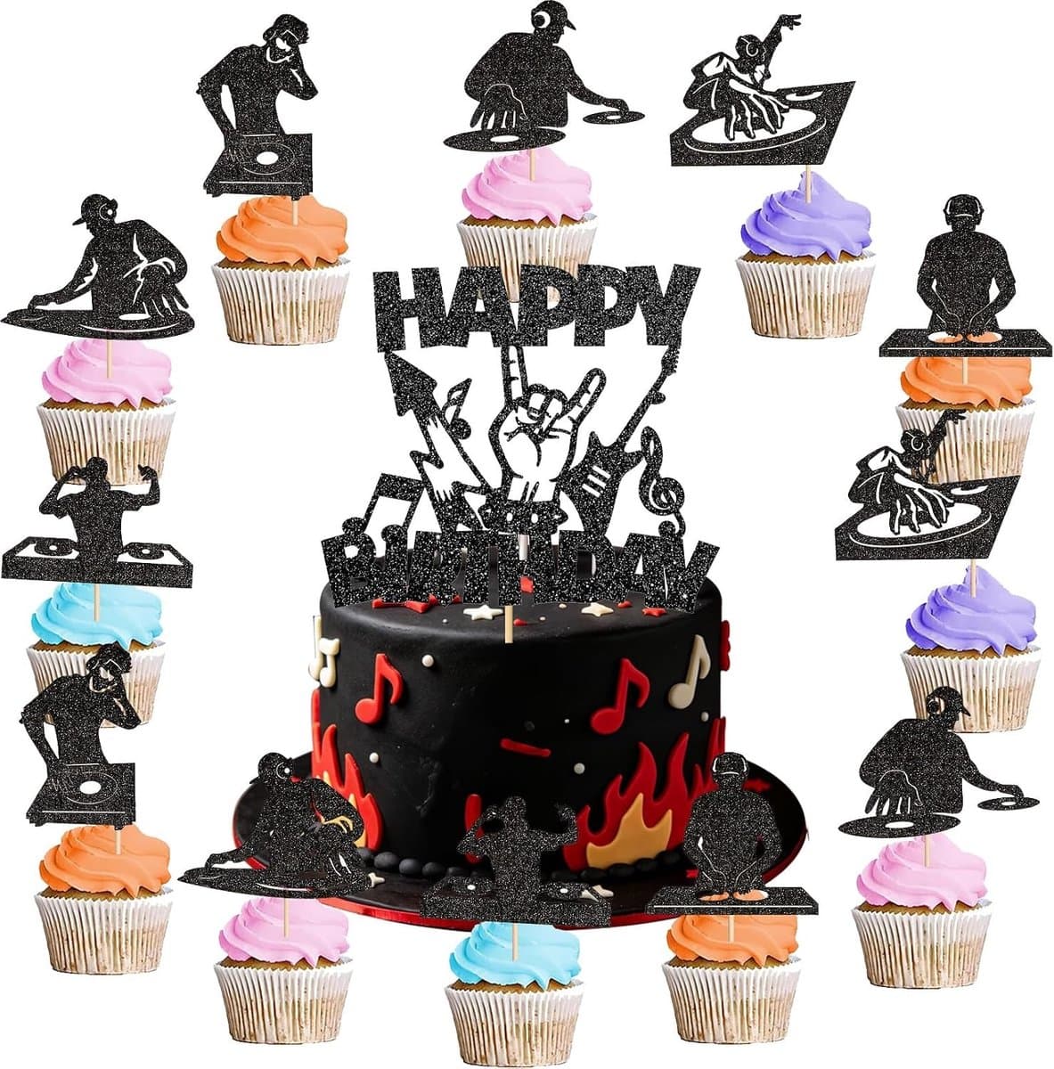 Verjaardagstaart Decoratie met Glanzende Muzikale Noten en Cupcake Toppers voor Rockliefhebbers, Themafeest en Verjaardagsfeest