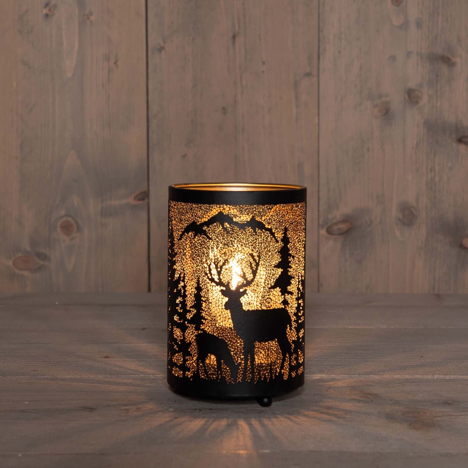 Anna's Collection LED lantaarn met kerstlandschap zwart/goud Ø 10,5 x 16cm, warm wit