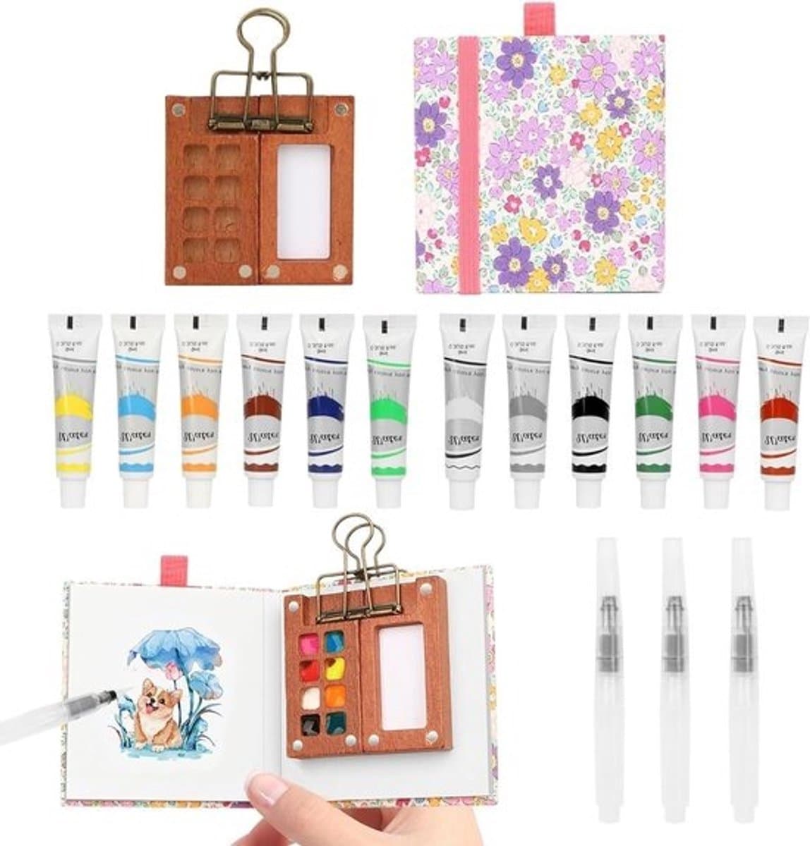 Aquarel Verf Set - Mini Palet Set - Onderweg Schilderen - Compleet met Schetsboek - 8x8cm - Meerdere Kleuren