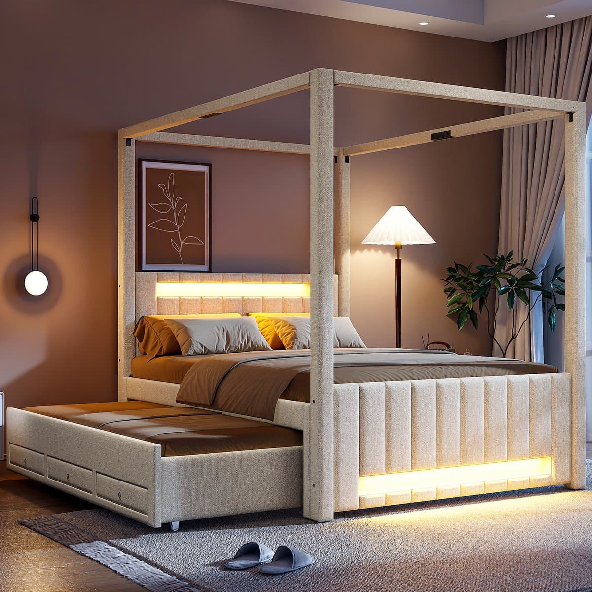 COVREO Hemelbed 140x200 cm beige, MDF en stof, met uitziehbed en 3 lades