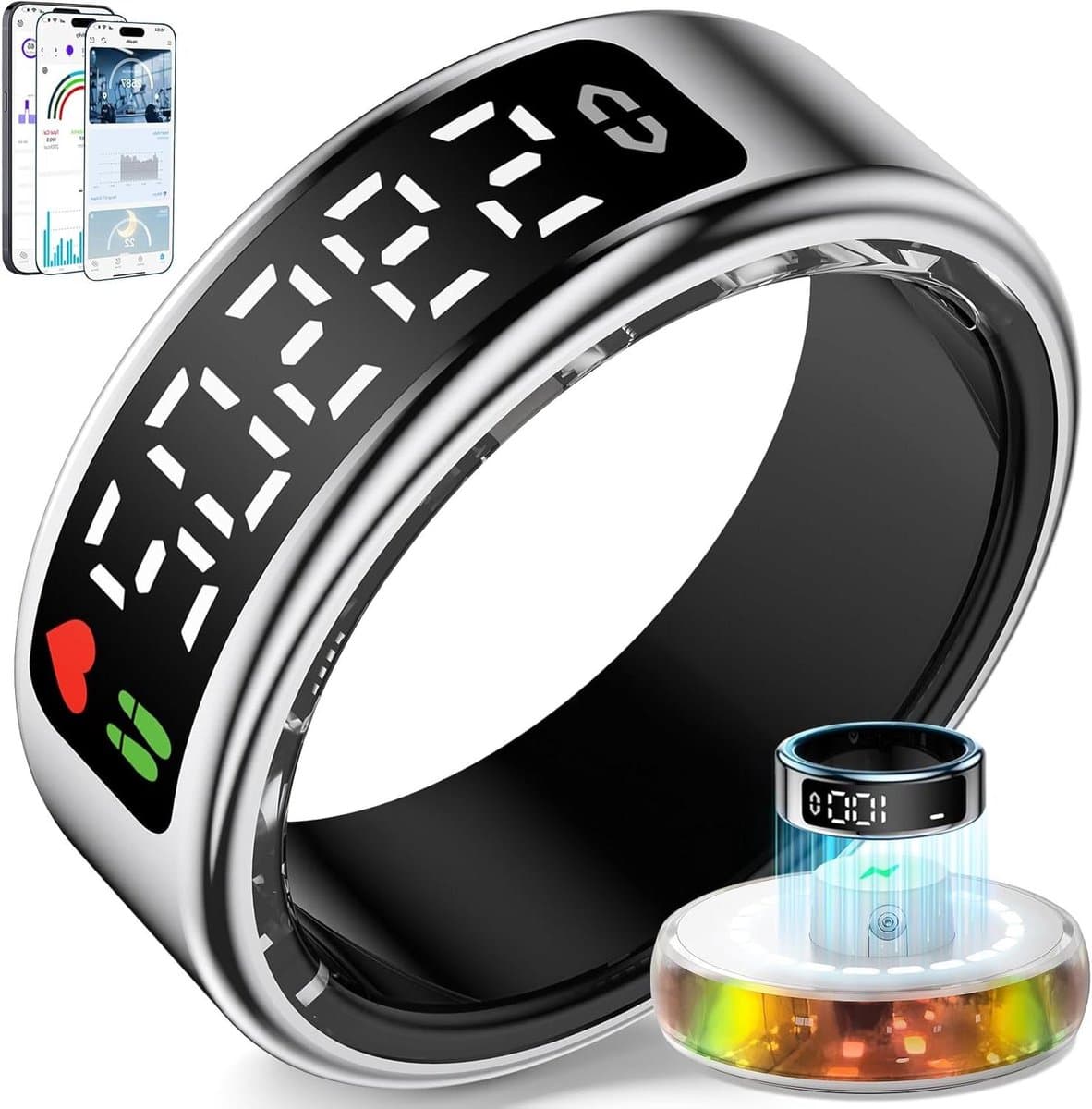 Slimme Ring - Fitness Tracker - Gezondheid Monitoren - Touchscreen Display - 8 Maten - Zilver