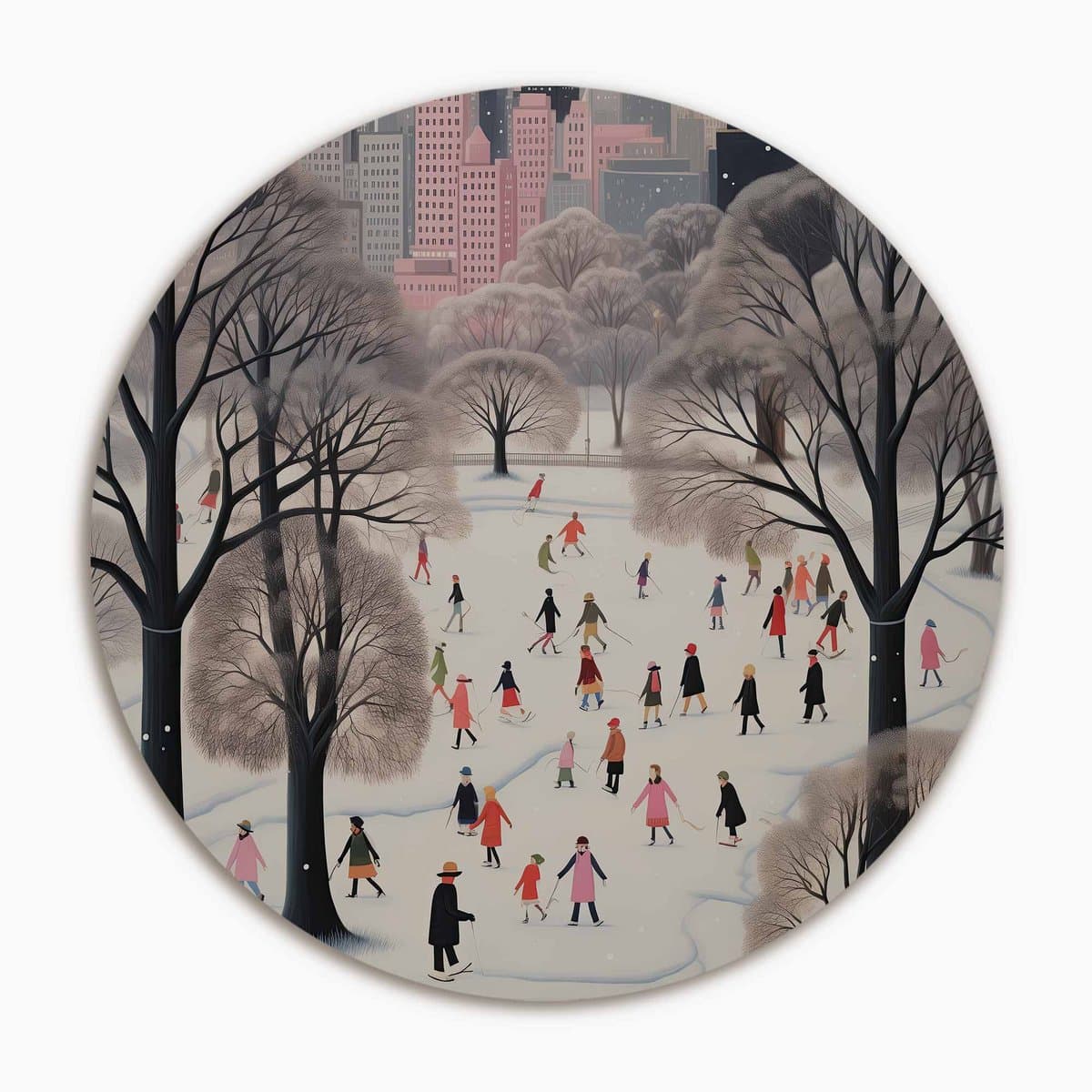 Winter wandelaars stadsgroen - Muurcirkel 40x40 cm - Wanddecoratie op Aluminium Dibond - Rond Wandpaneel