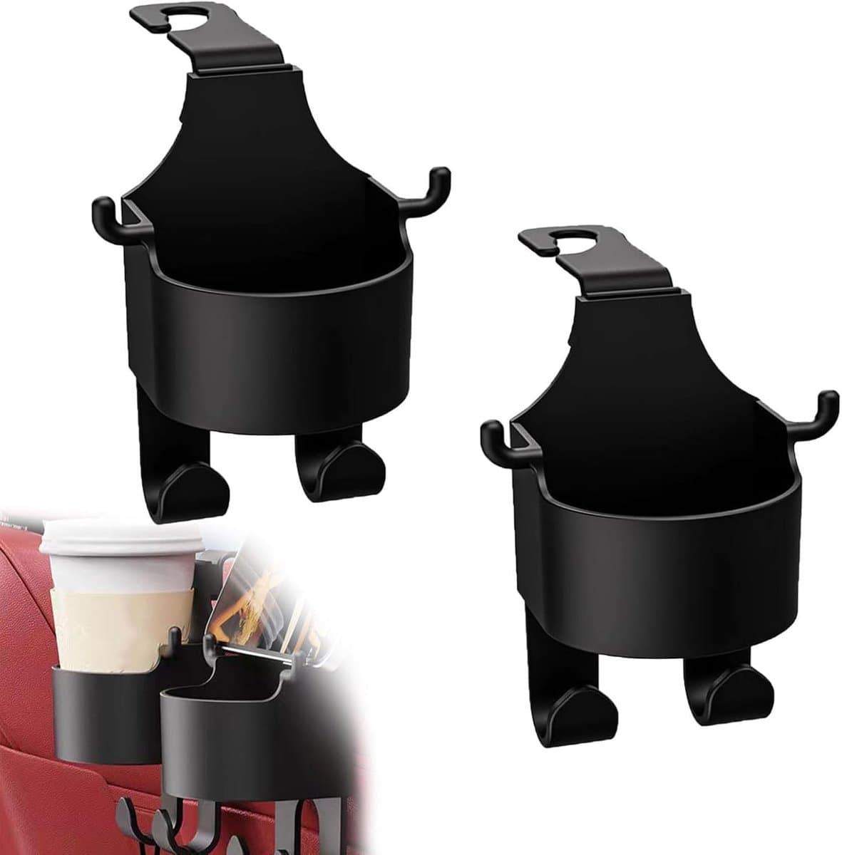 Thijox - 2-in-1 Auto Hoofdsteun Haken met Drinkhouders - 2 Stuks Multi-functionele Bekerhouders voor Auto - Perfect voor Reizen met Kinderen en Dageli