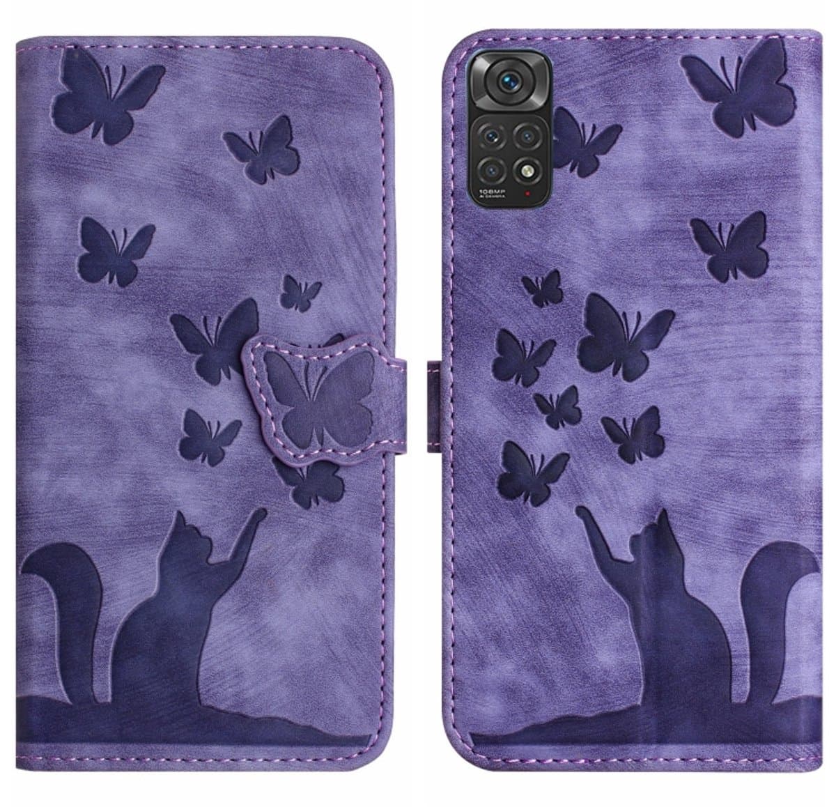 Voor Xiaomi Redmi Note 11/Note 12S 4G Global Butterfly Cat Embossing Flip lederen telefoonhoes (paars)