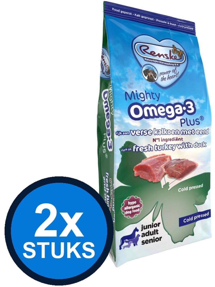 2x Renske - Mighty Omega-3 Plus kalkoen&eend koud geperst 3kg - Hondenvoer - 3 kg