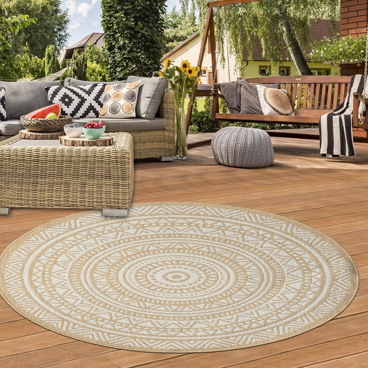Buitentapijt Rond - Balkontapijt Tuintapijt - Buitenruimte Aankleden - Weerbestendig UV-bestendig - 120 cm Diameter - Wit Beige
