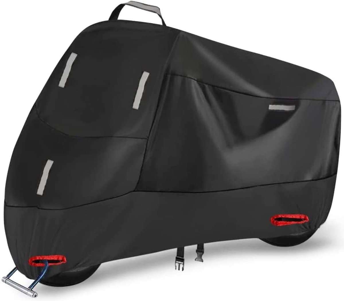Waterdichte Motorcover voor Buiten, Bescherming tegen Regen, UV en Stof met Reflecterende Strips en Beveiligingsgaten, Inclusief Handvat en Opbergzak (L: 220 x 95 x 110 cm)