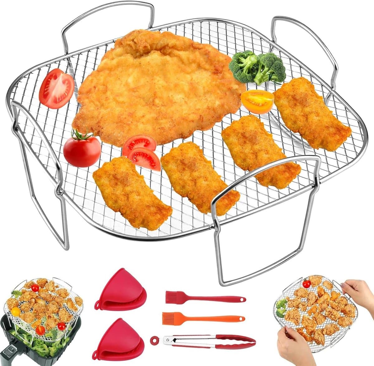 Set van 6 Grillroosters van RVS voor Airfryer, Oven en Stoomkoker - Ideaal voor Dehydrateren en Grillen (21 x 21 x 9.5 cm)