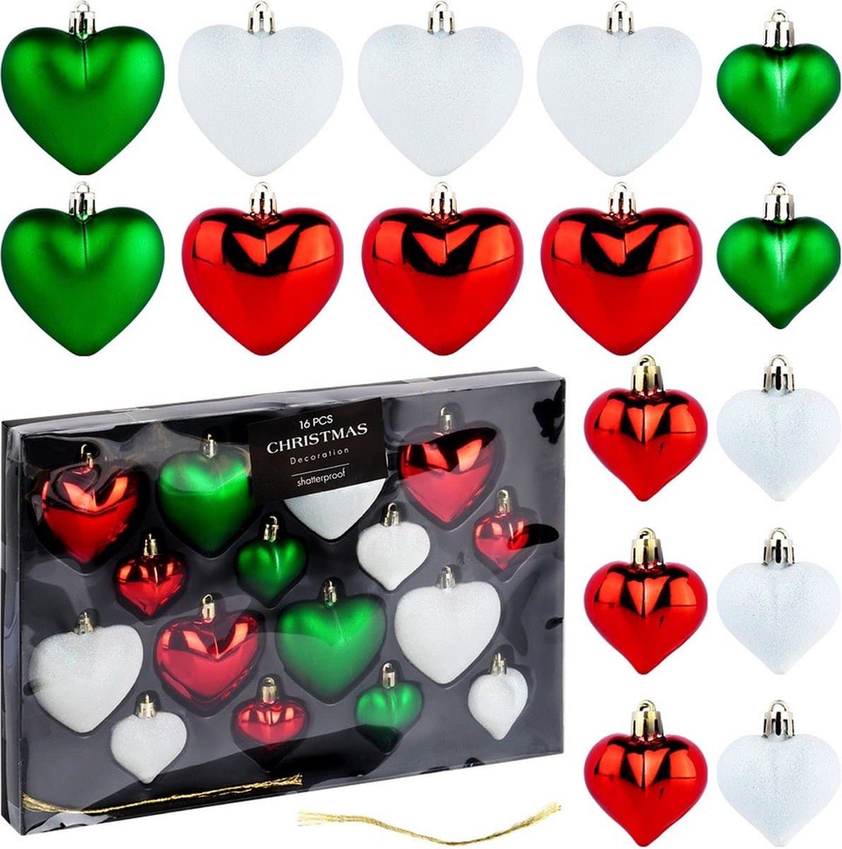 Kerstballen Set Onbreekbaar Hartjes Rood Groen Wit 6,5/4,5 cm 16 stuks - Kerstdecoratie