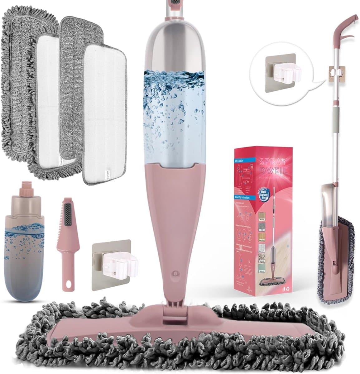 Aura® Dweil met spray - Dweil - Mop - Roze - 42cm x 17cm x 125cm