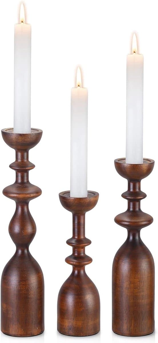 Set van 3 Houten Kandelaars voor Tafel - Moderne Boerderij Decoratie - Geschikt voor Dinerkaarsen en Waxinelichtjes