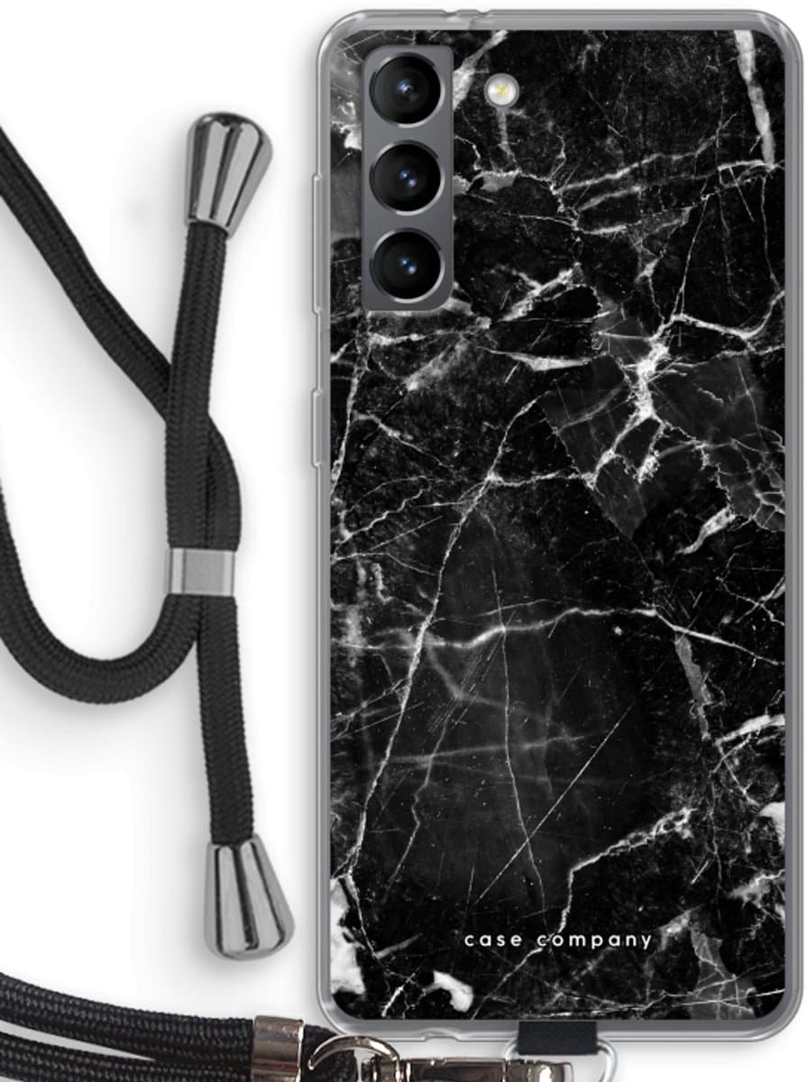 Case Company® - Hoesje met koord geschikt voor Samsung Galaxy S21 hoesje met Koord - Zwart Marmer - Telefoonhoesje met Zwart Koord - Bescherming aan alle Kanten en Over de Schermrand
