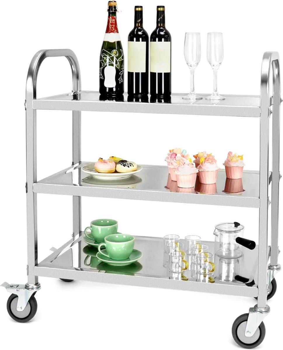 Goodivery ® Serveerwagen van roestvrij staal met 3 niveaus, thee- en schoonmaaktrolley met trillingsarme wielen voor keuken, hotel en restaurant-40 x 75 x 83.5 cm,3-laags roestvrij staal