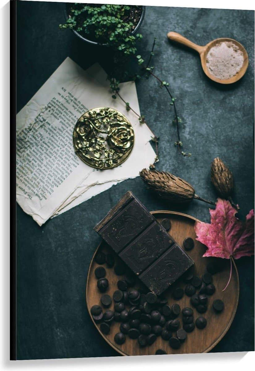 Canvas - Chocola met Plant en Papieren - 80x120cm Foto op Canvas Schilderij (Wanddecoratie op Canvas)