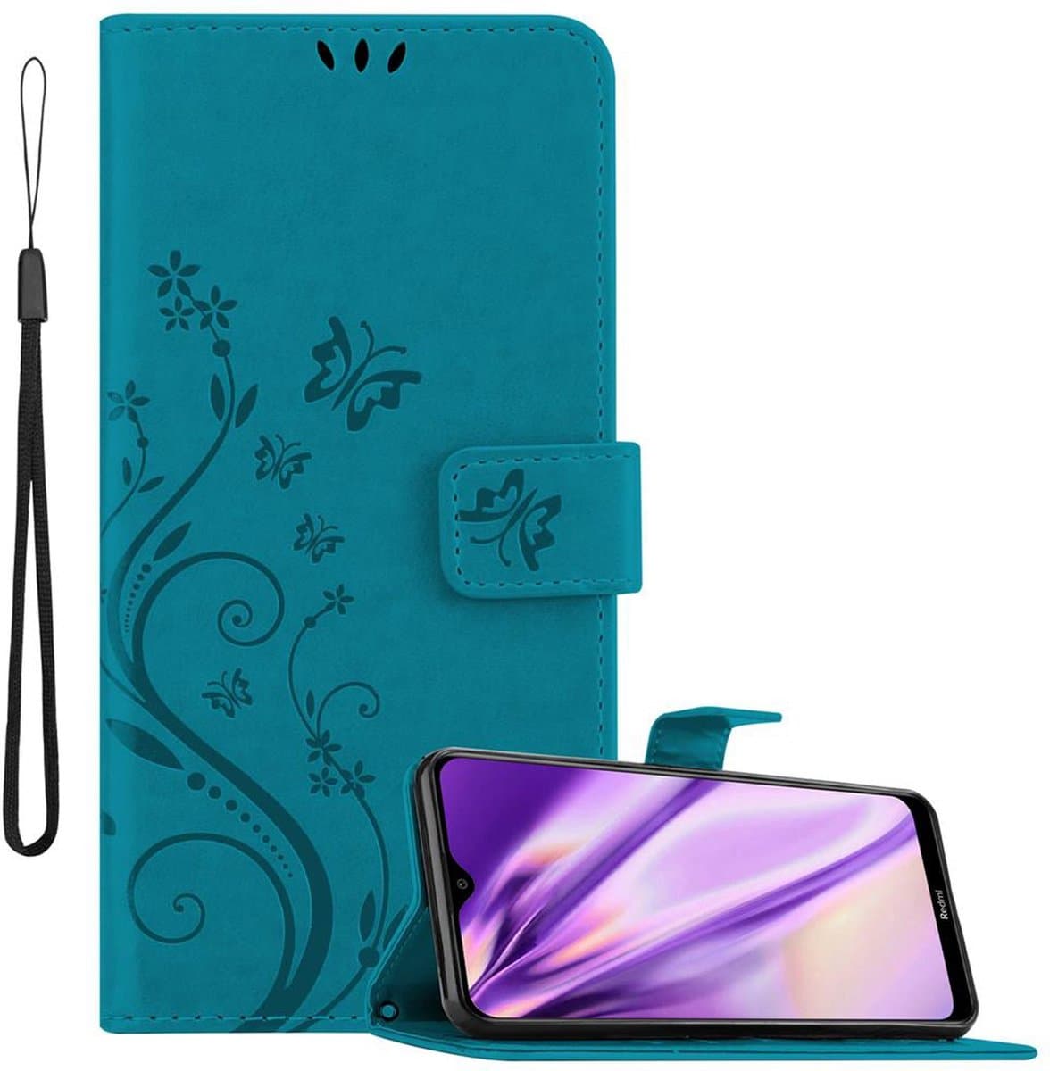 Cadorabo Hoesje geschikt voor Xiaomi RedMi 8A in BLOEMEN BLAUW - Beschermhoes in bloemmotief met magnetische sluiting, standfunctie en kaartsleuven Book Case Cover Etui