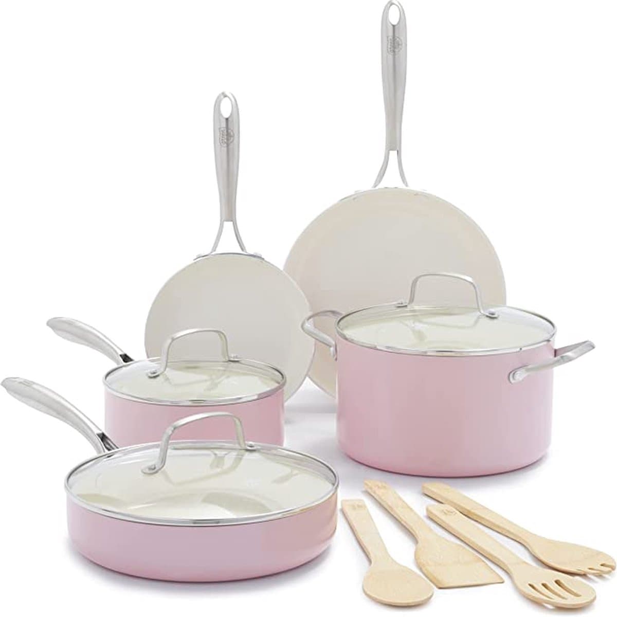 GreenLife Artisan Pannenset 12-delig - 18/22/24cm - 1.90/4.76/2.42L - PFAS-vrije antikleeflaag - Pannenset inductie - Keramische pan - Ovenbestendig tot 220°C - Met accessoires - Met glazen deksel - Roze