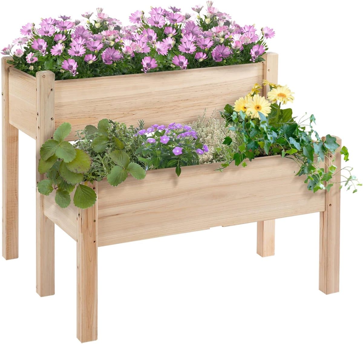 Plantenbak - Plantenbakken voor Buiten - Bloembak - Terrasbak - Plantenbak - Tuinbak - Verhoogd Bed - 2 Tier - Kruidenbed - met 8 Afvoergaten - Massief Hout - 86 x 85 x 72 cm - Natuurlijk Hout Kleur