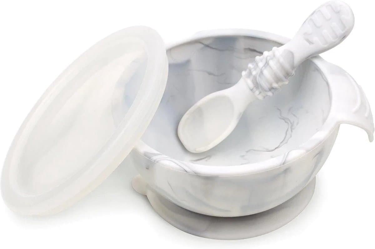 Bumkins Silicone First Feeding Set - Siliconen Baby Eetset met Zuignapkom, Deksel en Lepel - Babyservies voor Eerste Hapjes - Platina Siliconen - Vaatwasserbestendig - Baby Led Weaning BLW - Vanaf 4 Maanden - Kraamcadeau - Marble Grijs Gemarmerd