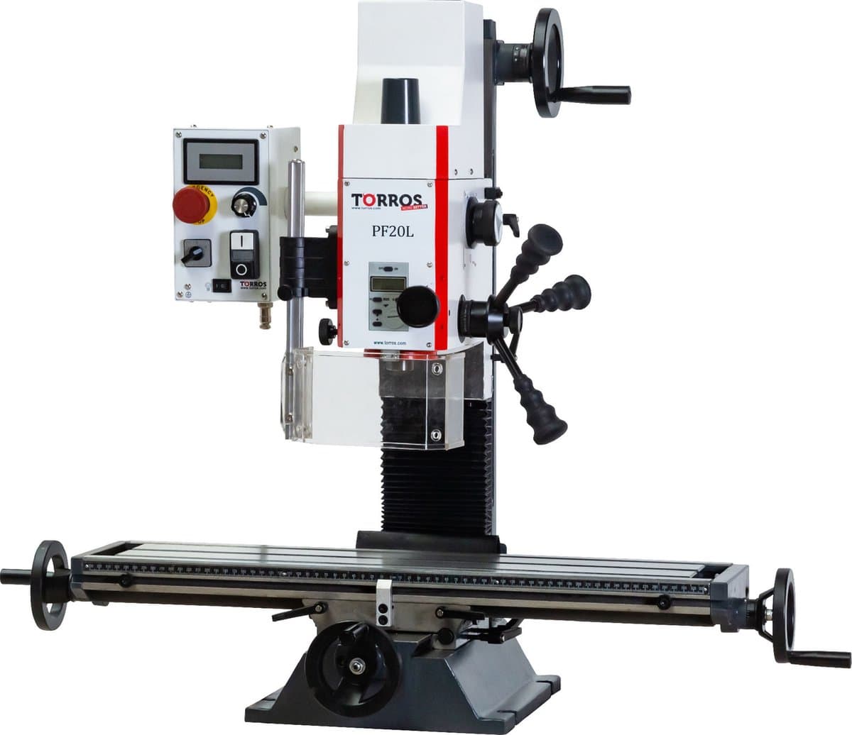 Boorfreesmachine X 480 mm Y 175 mm Z 280 mm MK2/M10 0,85 kW 230V variabele snelheden lange tafel Torros PF20L VARIO