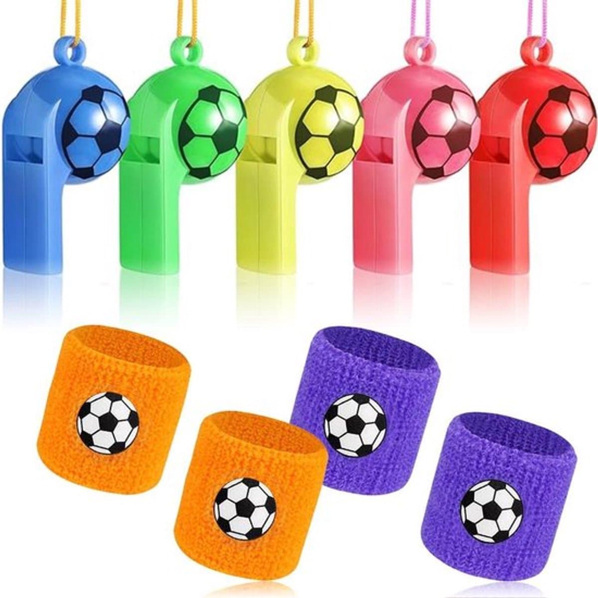 Kunststof fluitjes met omhangkoord voor scheidsrechters en trainers - Set van 5 fluitjes - Luid en helder geluid - Inclusief 4 sportarmbanden - Ideaal voor badmeesters, leraren en kinderen