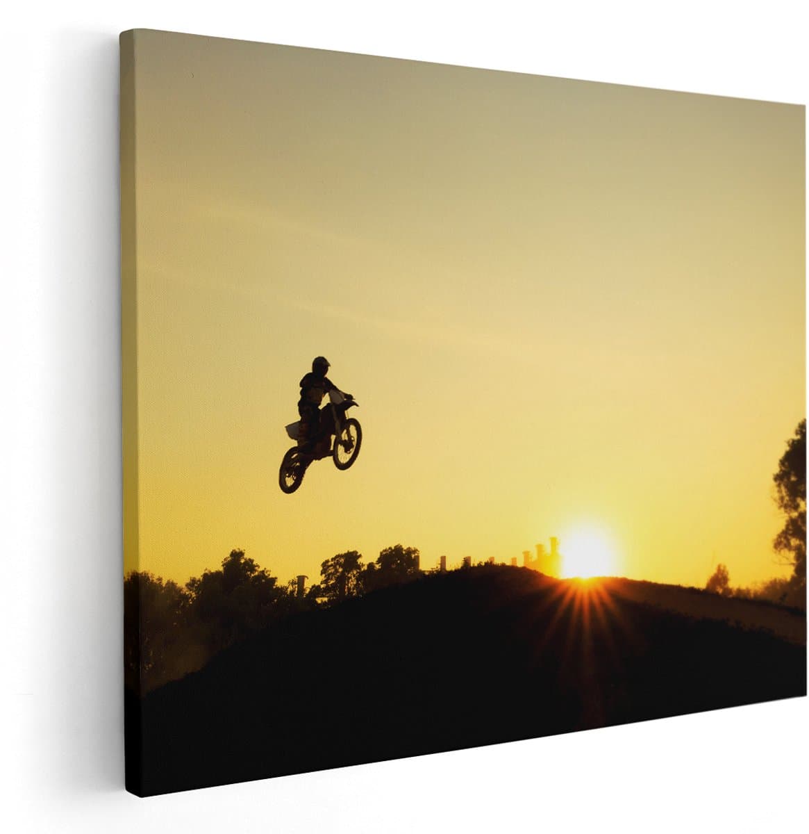 Artaza Canvas Schilderij Silhouet Van Een Motorcross Bij Zonsondergang - 150x120 cm - Groot - Wanddecoratie Woonkamer - Schilderijen - Muurdecoratie