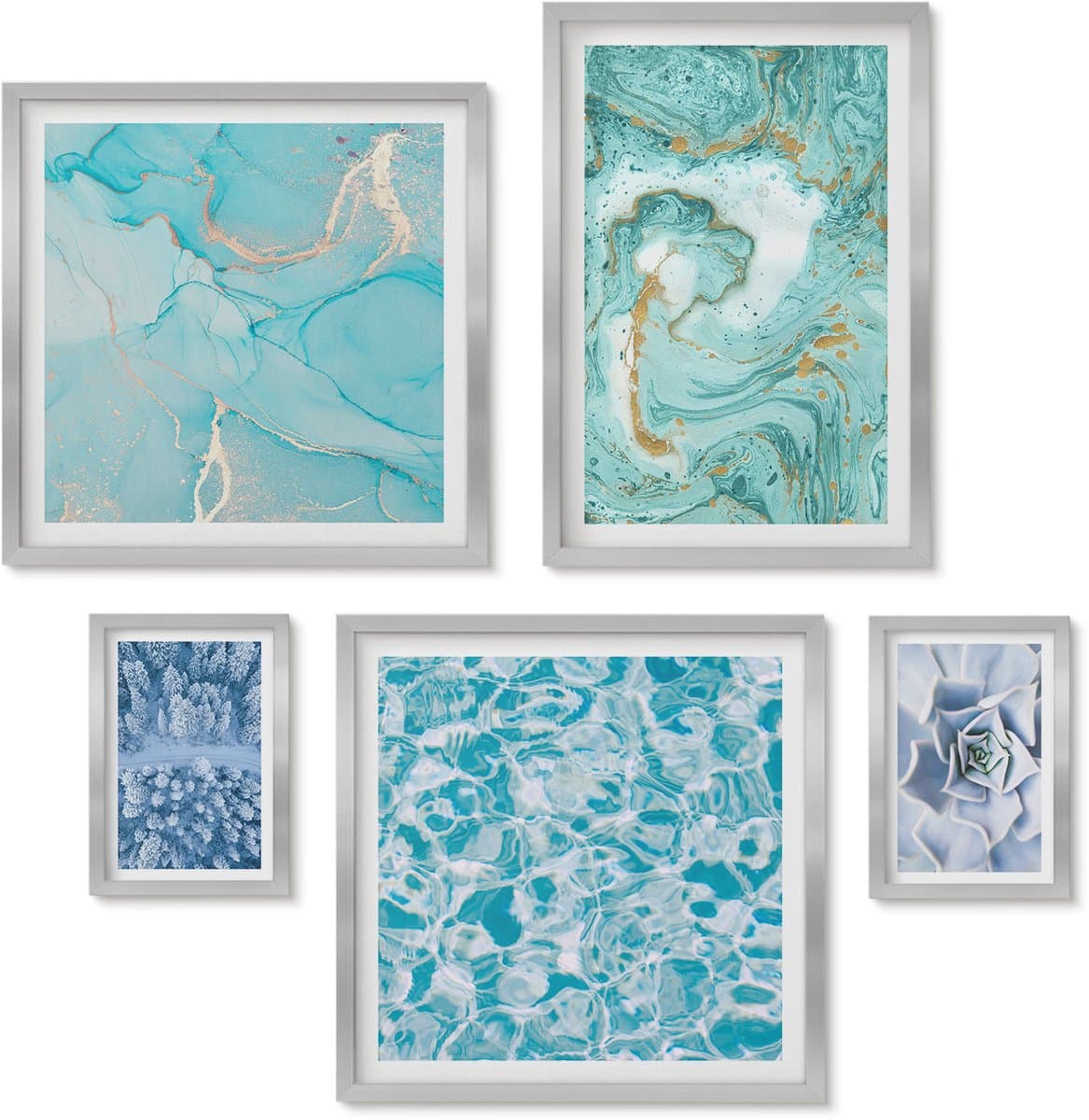 Wallfluent 4-Delige Schilderij Set - Stijlvolle accenten in turquoise en blauwe tinten. - 50 x 50 cm, 20 x 30 cm en 40 x 60 cm - Wanddecoratie - Schilderijen Set - Kantoor