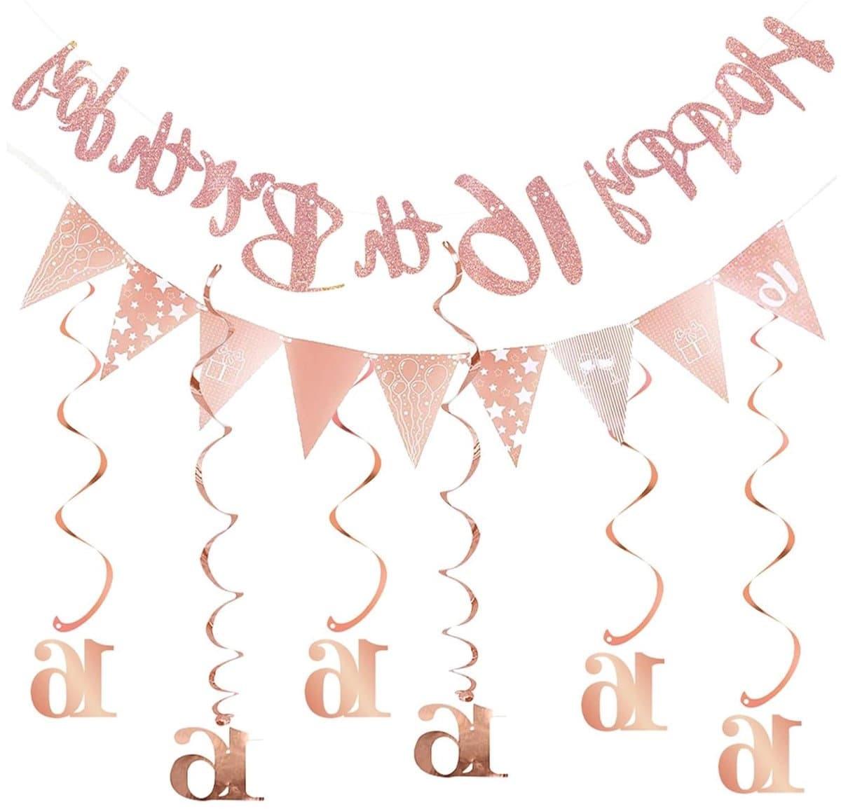 Feestelijke Versiering voor 16e Verjaardag Meisjes, Gelukkige Verjaardagsbanner, Roze Gouden Decoratie en Slingers voor Sweet 16 Feest
