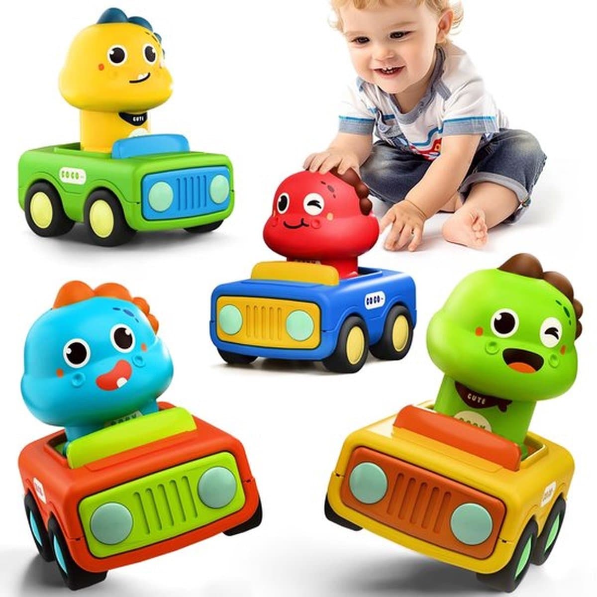 4 stuks Press to Go autospeelgoed - Peuters van 1-3 jaar - Babydierenraceauto's - Speelvoertuigenset voor kinderen - Wrijvingsaangedreven dinosaurusauto's