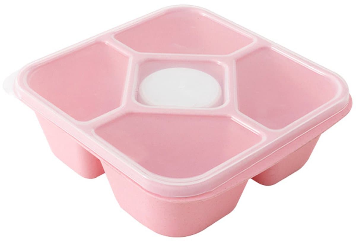 2 Stuks Roze Tarwestro Bewaardoos – Milieuvriendelijke 5 Vaks Lunchbox met Afsluitbare Deksels voor Snoep, Fruit & Salade