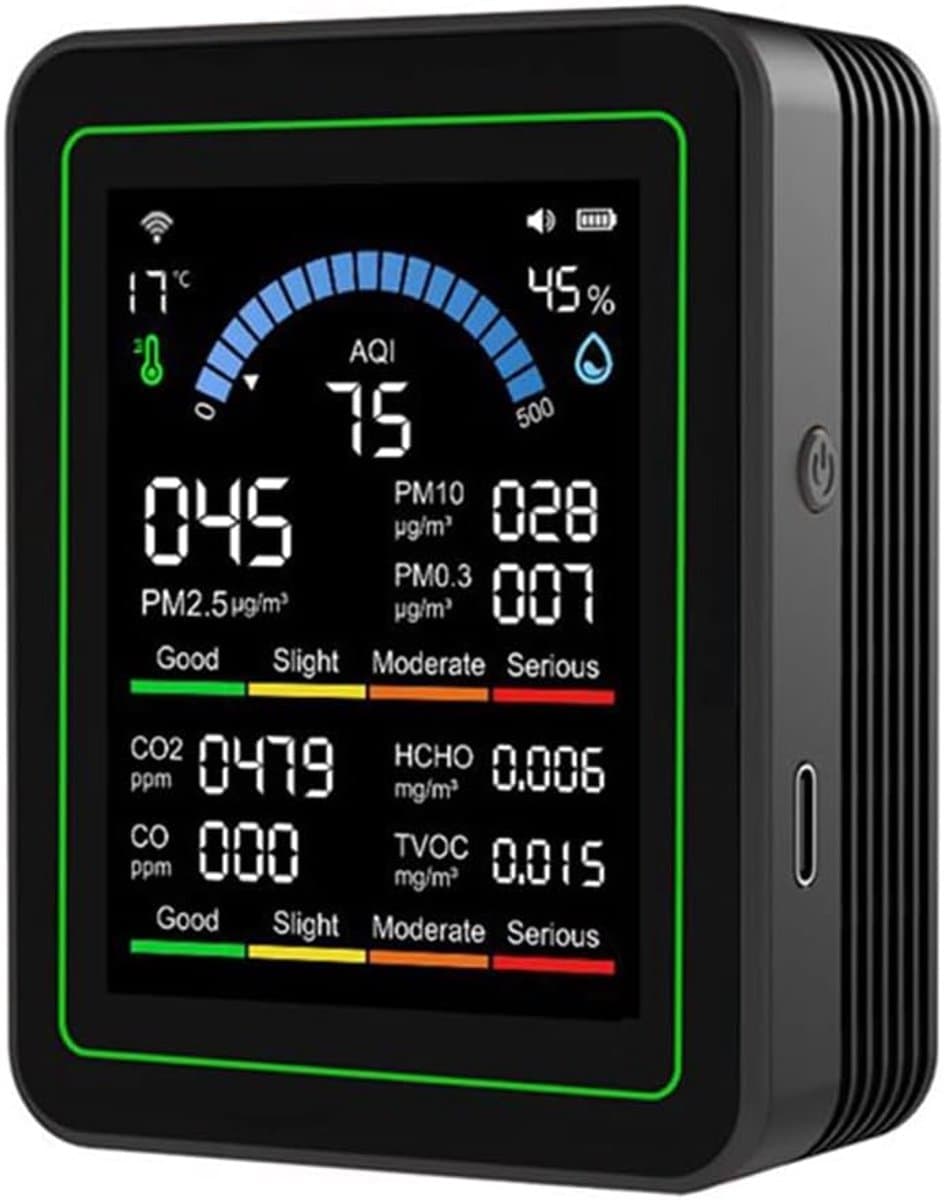 Luchtkwaliteit Monitor - CO2 Meter - Binnenklimaat Meten - 10-in-1 Sensor - 2.8 Inch Scherm - Zwart