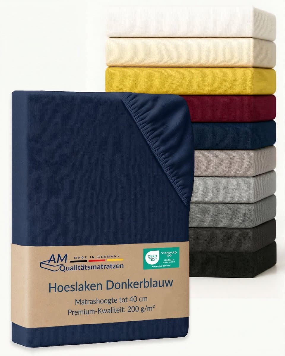AM Qualitätsmatratzen Premium hoeslaken 200 x 220 cm (200gsm) in Donkerblauw - Made in Germany - OEKO TEX gecertificeerd topper hoeslaken - Jersey hoeslaken - Fitted Sheets
