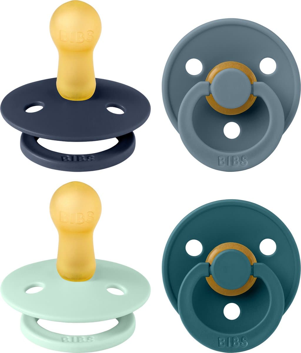 BIBS Colour speen verpakking 4 stuks, BPA-vrije fopspeen, Ronde speen. Natuurlijk rubberlatex, Gemaakt in Denemarken. 6-18 maanden (Verpakking 4 stuks), Baby Boy Colours