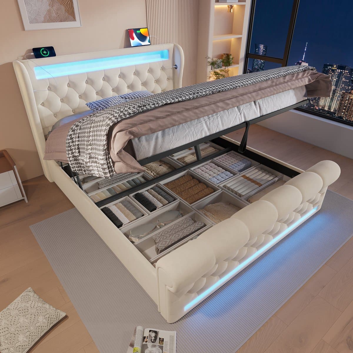 MIVRAY Gestoffeerd Bed 160x200 Cm - Tweepersoonsbed Met Ledverlichting En Usb En Type C - Hydraulische Opbergruimte - Fluweel - Beige - Met Matras