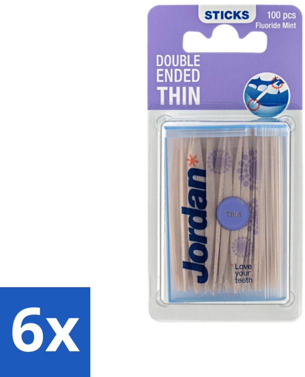 6 x Jordan Tandenstokers Double Ended Thin 100 stuks per verpakking - Tandenstokers - Dubbelzijdige Tandenstokers - Interdentale Reiniging - Tandplak Verwijderen - Fluoride