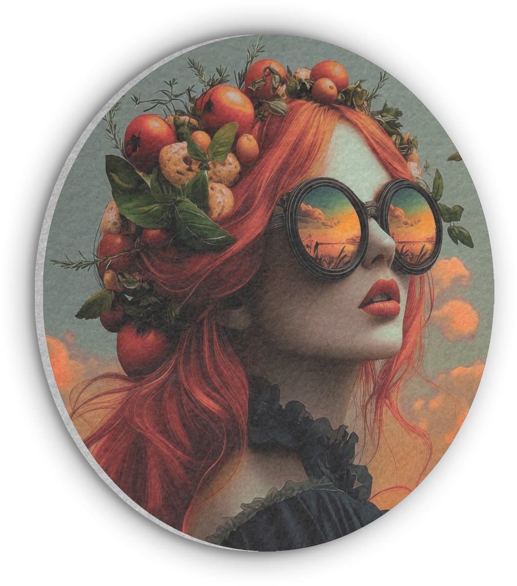 Akoestisch wandpaneel rond 50x50 cm - Vilt schilderij Vrouw - Kroon - Tomaat - Bascilicum - Zonnebril - Ronde akoestische panelen - Geluidsdempende wanddecoratie - Geluidsisolatie wandcirkel - Muurdecoratie geluidspanelen