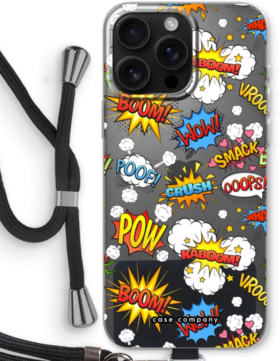 Case Company® - Hoesje met koord geschikt voor iPhone 16 Pro Max hoesje met Koord - Pow Smack - Telefoonhoesje met Zwart Koord - Bescherming aan alle Kanten en Over de Schermrand