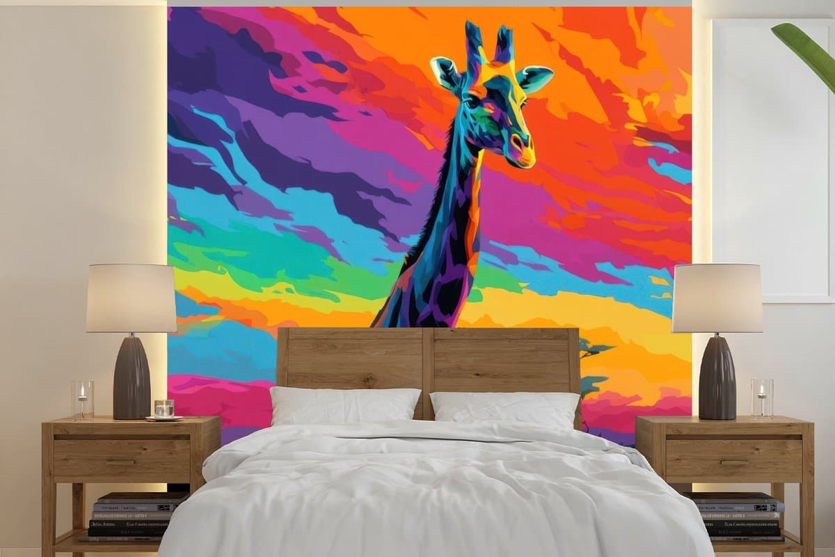Behang - Fotobehang Giraffe - Savanna - Lucht - Gekleurd - Breedte 350 cm x hoogte 350 cm