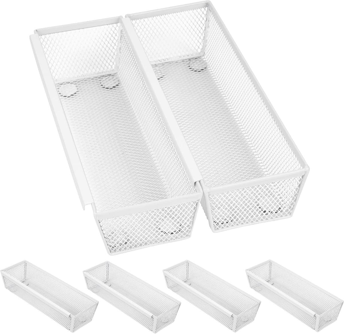 Inovra Plus - Mesh Opbergmanden Wit (6 Stuks) - Keukenlade Organizer met Antislip Rubber Voetjes - Uitbreidbare Draadmanden voor Bestek en Stationeryopslag