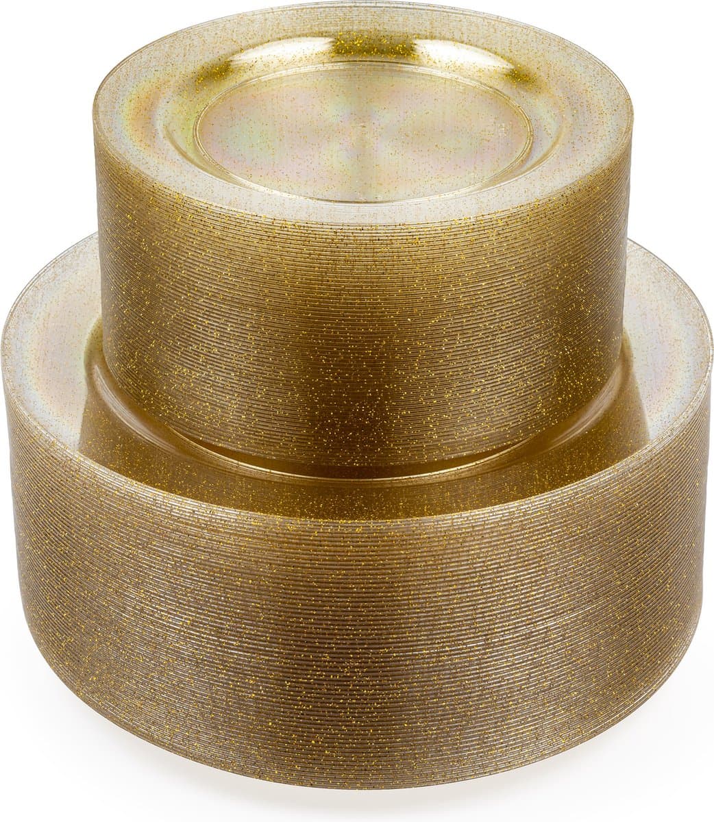 MATANA - Herbruikbare Plastic Borden - 120 Stuks (26 cm & 19 cm Diameter) - Gouden Glitter