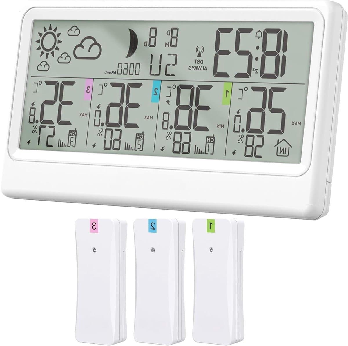 Draadloze Weerstation - Buitensensor Thermometer - Weer Monitoren - 8.5 Inch Kleurendisplay - 3 Sensoren - Zwart