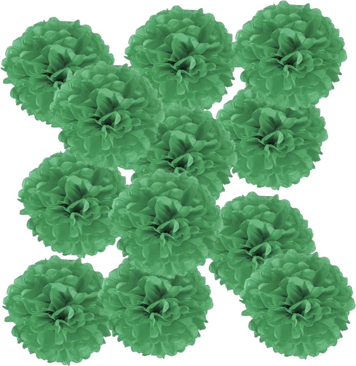 Papieren Pompons - Bloemenballen Decoratie - Feestelijke Versiering - Eenvoudig te Monteren - 12 Stuks - Donkergroen