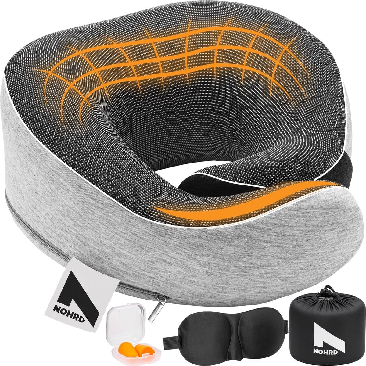 NOHRD Nekkussen Vliegtuig - Reiskussen - Grijs - Memory Foam - Incl. Oordopjes, Slaapmasker & Draagtas - Traagschuim - Neksteun