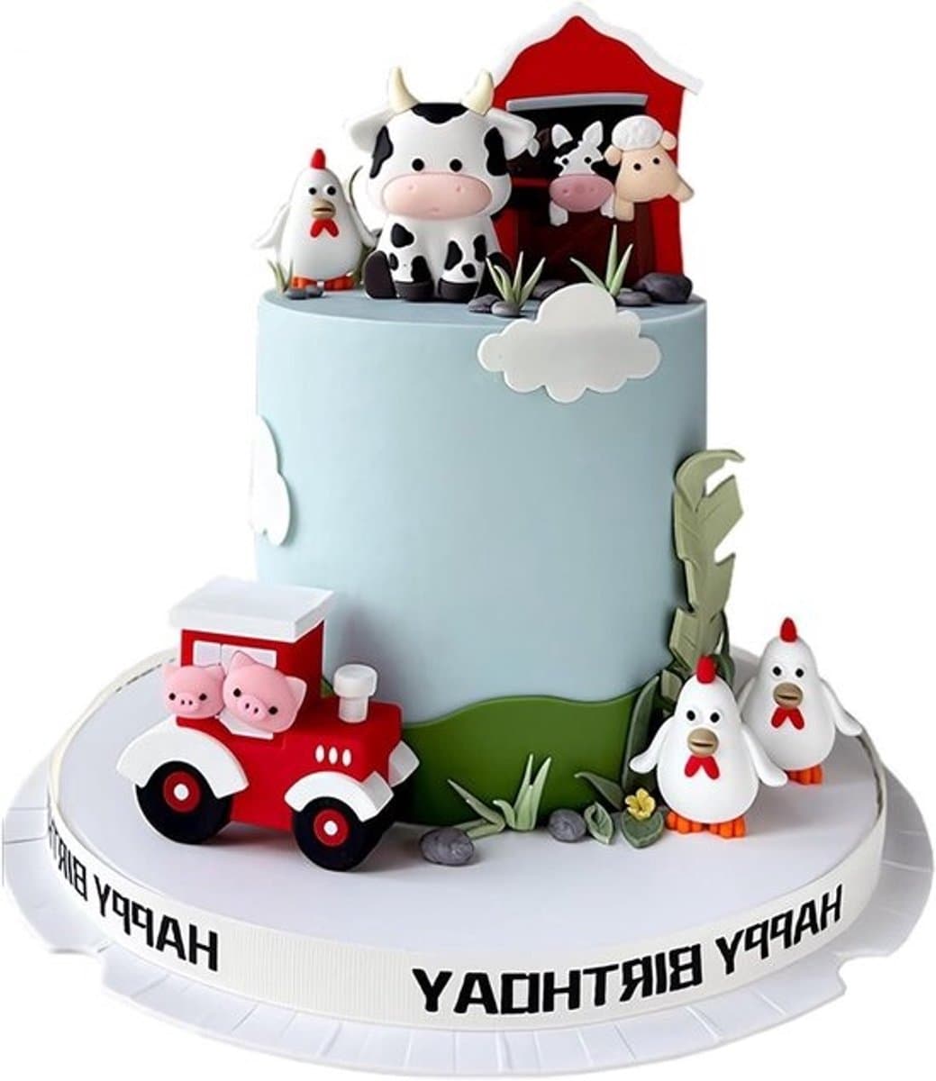 Verjaardagsdecoratie voor boerderijfeest - Taartdecoratie met dieren voor jongens en meisjes - Feestelijke taartversiering met cartoon dieren - Voor verjaardagsfeestjes en babyborrels - Set van 6 (Rood)