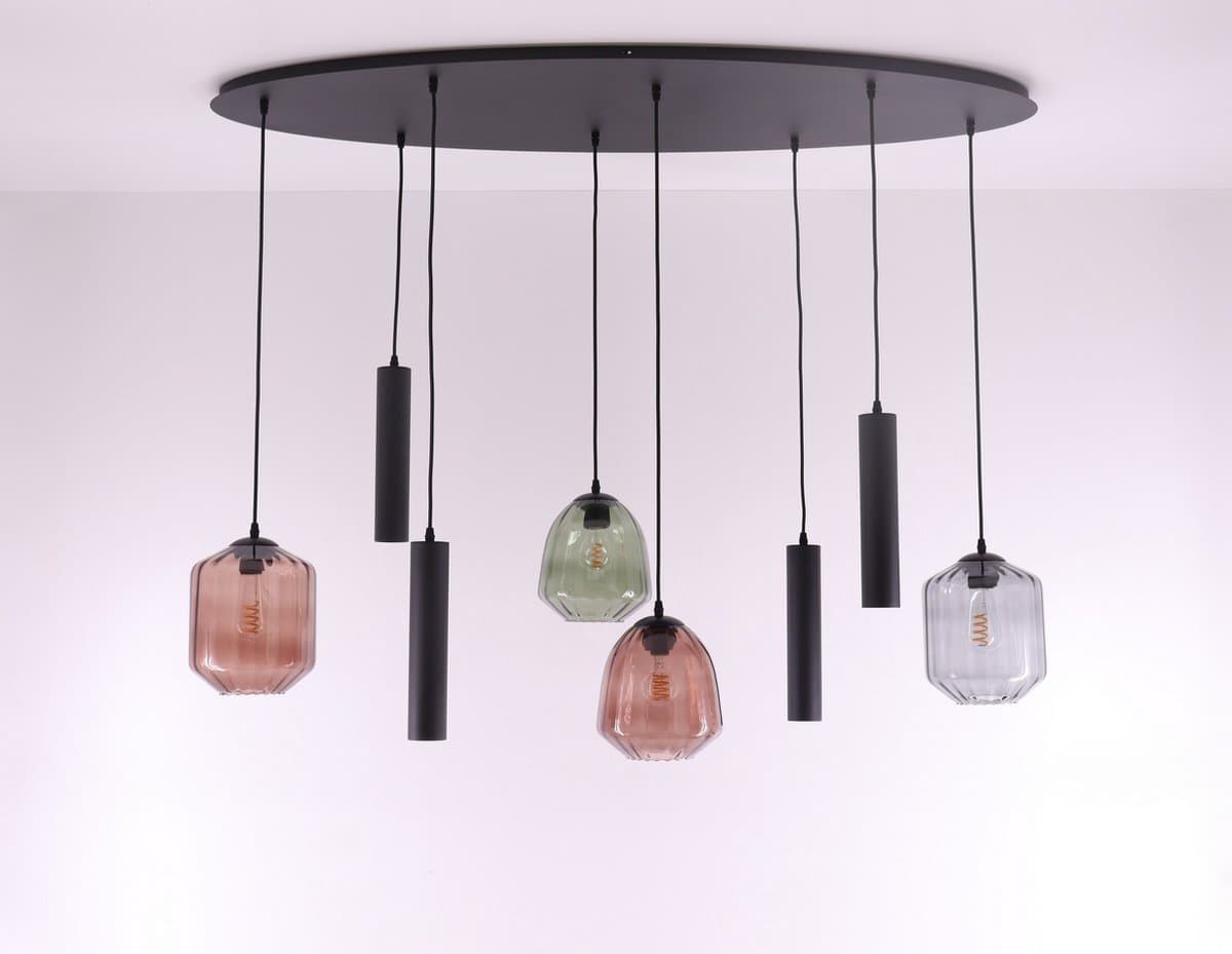 Hanglamp ovaal combi Colour & Kokers gu10 - 3 kleuren glas - 8lichts 140cm